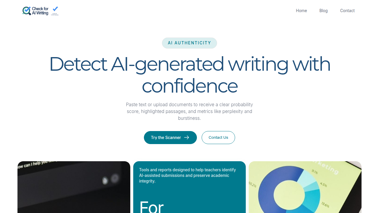 The homepage of checkforaiwriting.com, showcasing its interface as a tool for scanning text for AI authenticity.