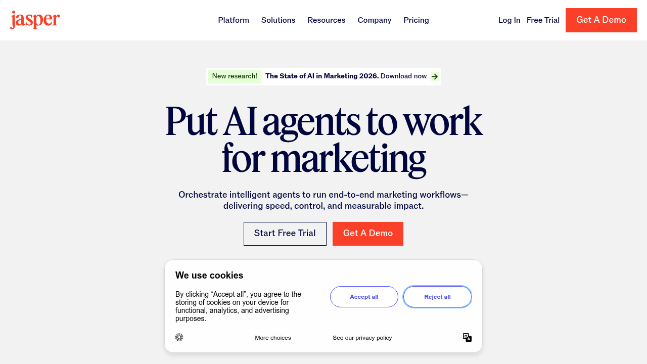 The homepage of Jasper AI, a leading AI writing tool recognized for its brand voice consistency and features for marketing teams.