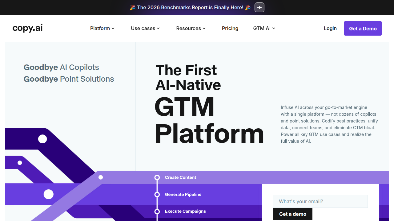 The homepage of Copy.ai, an AI writing tool specialized in generating short-form content such as ad headlines, social media posts, and product descriptions.