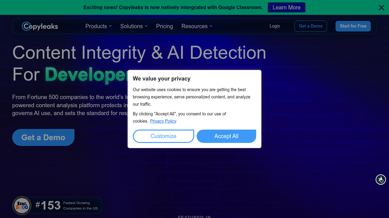 A screenshot of the Copyleaks homepage, showcasing its features as an AI detection tool and content authenticity checker.
