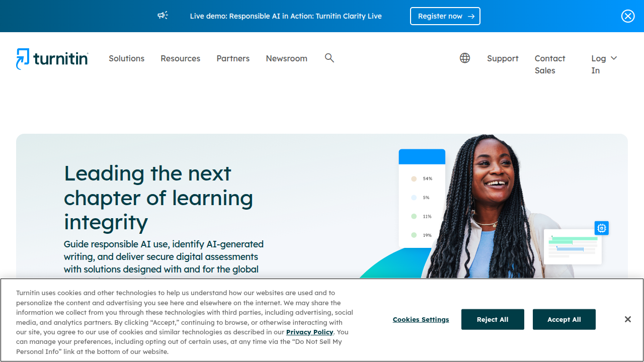 A screenshot of the Turnitin homepage, illustrating the platform widely used in academic institutions for plagiarism and AI detection.