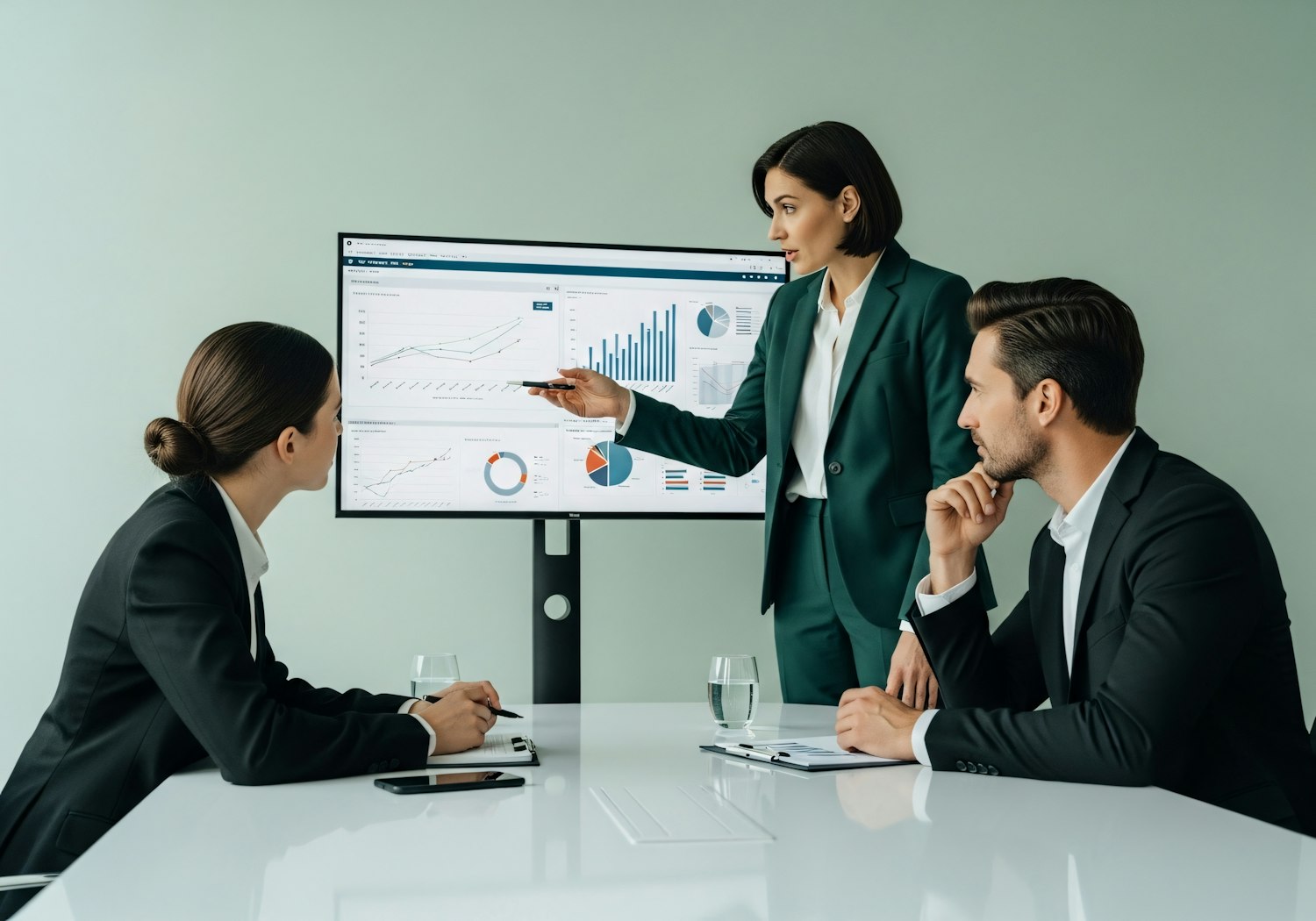A scene depicting business professionals overseeing a digital dashboard or workflow, illustrating the integration of AI tools in HR, legal, and compliance applications within an enterprise setting.