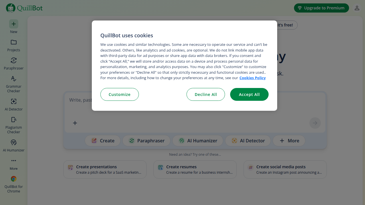 A screenshot of QuillBot's homepage, showcasing its user interface as a leading AI paraphrasing tool mentioned in the article.