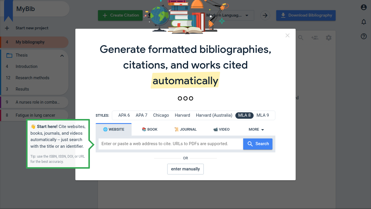 The homepage of MyBib.com, a popular online tool for generating APA style citations quickly and efficiently.