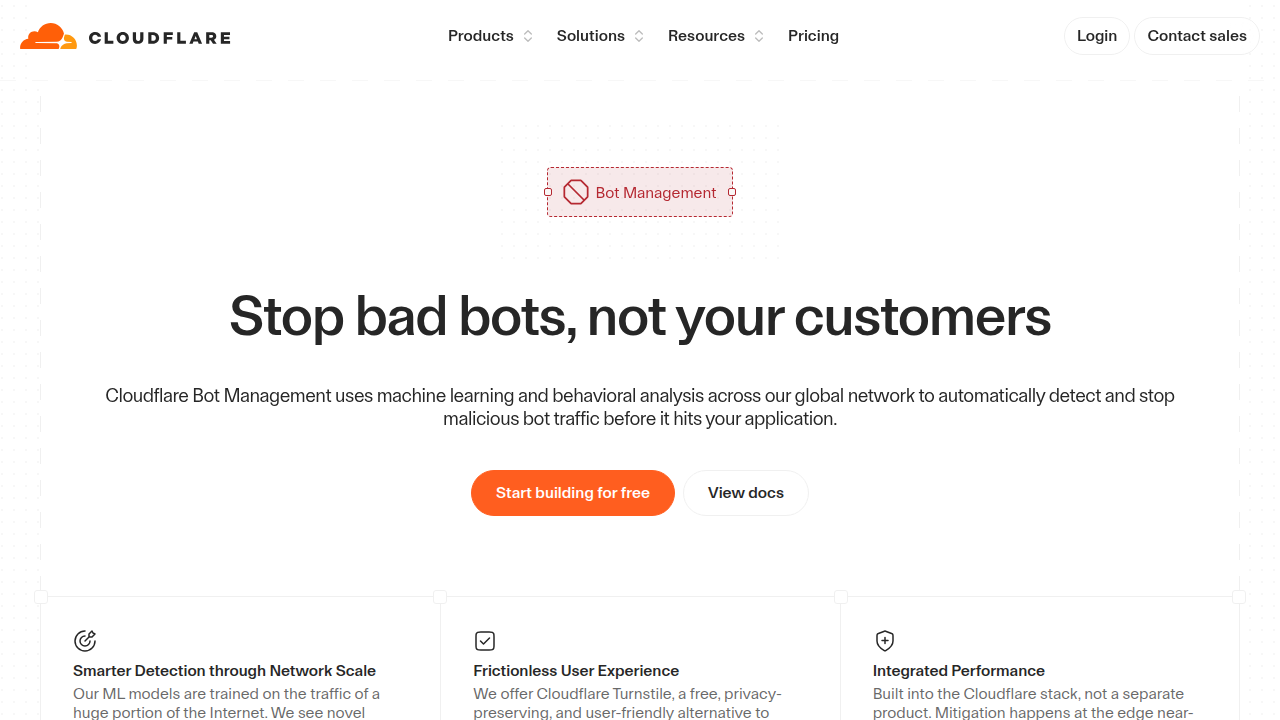 A screenshot of Cloudflare's bot management solution, illustrating tools used to combat automated spam and fake content distribution.