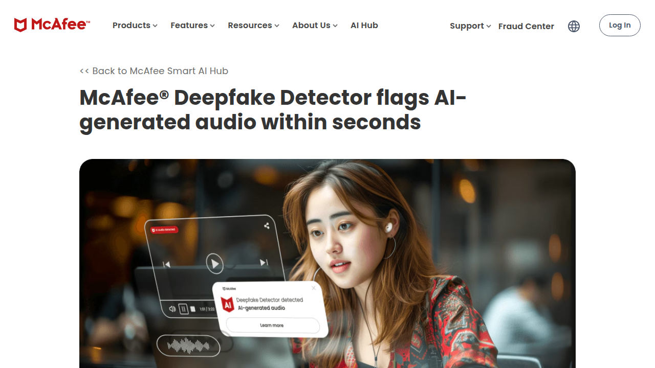 A screenshot of McAfee's dedicated Deepfake Detector product page, highlighting its focus on media analysis.
