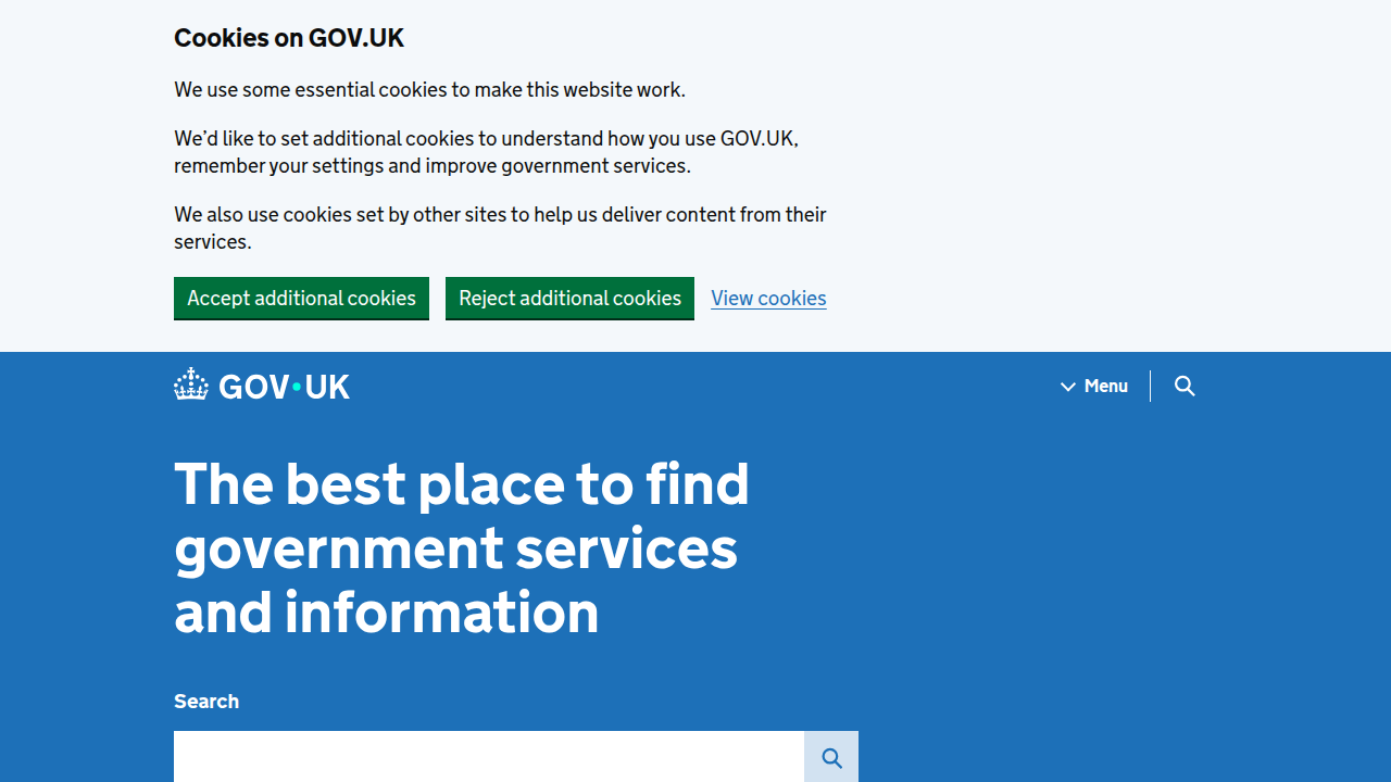The homepage of GOV.UK, representing government efforts and regulations concerning AI-generated content and deepfake detection.