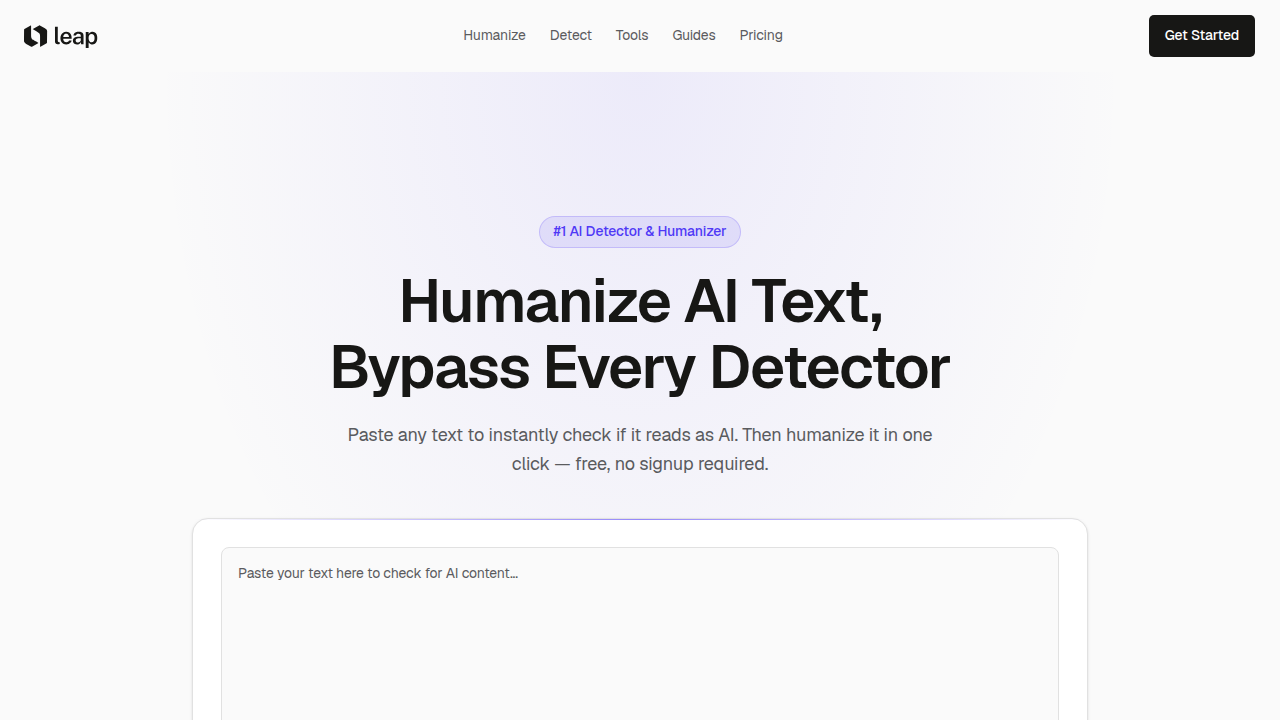 A screenshot of the Leap AI homepage, a platform offering AI solutions, referenced in discussions about AI detection accuracy claims.
