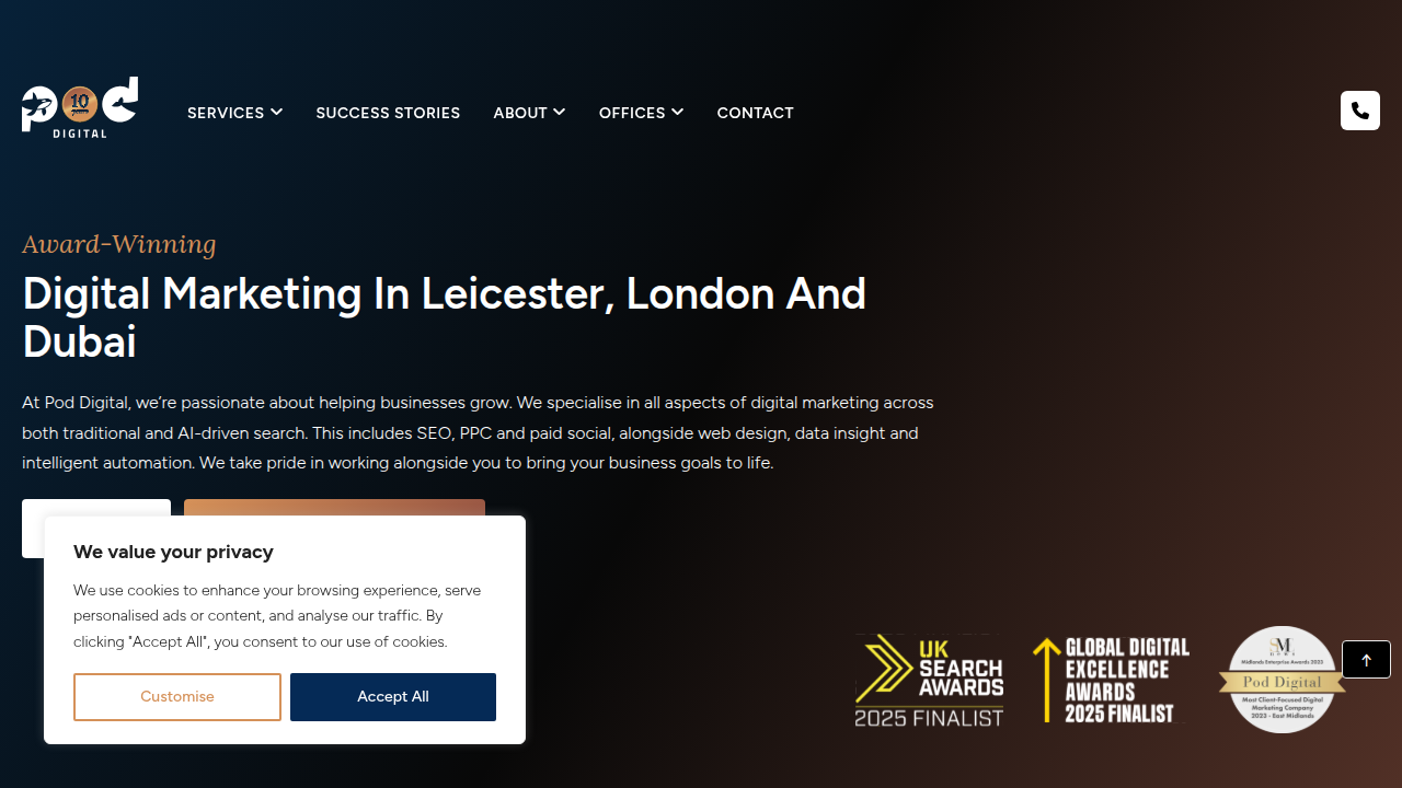 A screenshot of the Poddigital homepage, a digital marketing agency mentioned in the context of modern content marketing strategies.