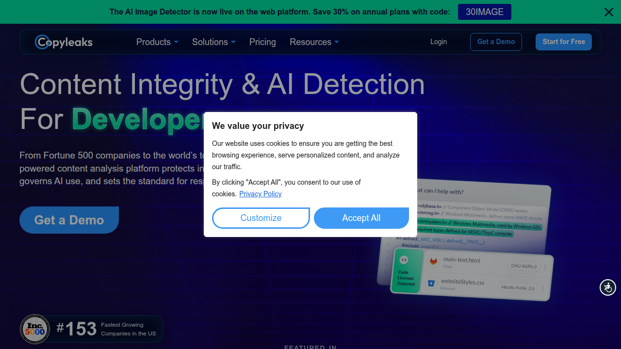 A screenshot of the Copyleaks homepage, an AI detection and plagiarism checker offering solutions for education and business.