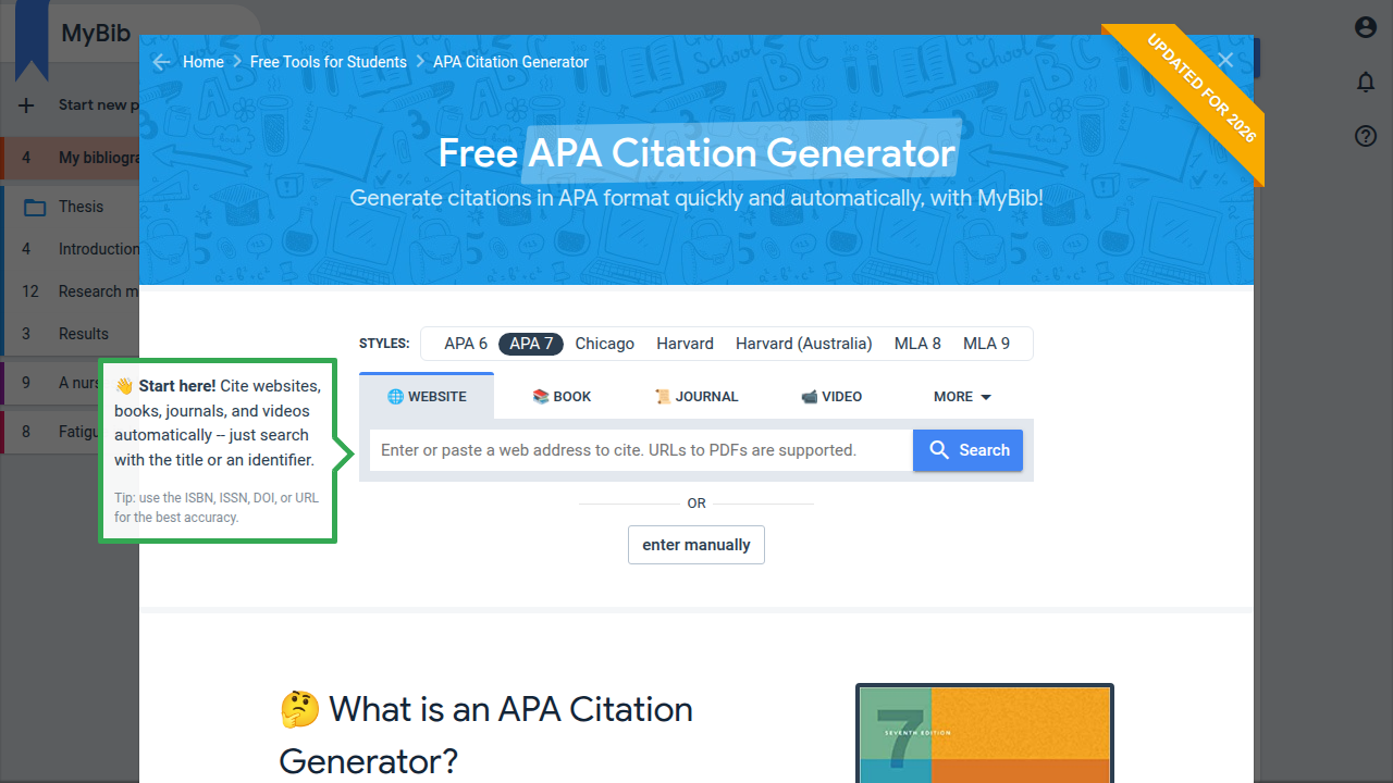 MyBib offers a free and user-friendly APA citation generator, supporting various source types for quick reference creation.