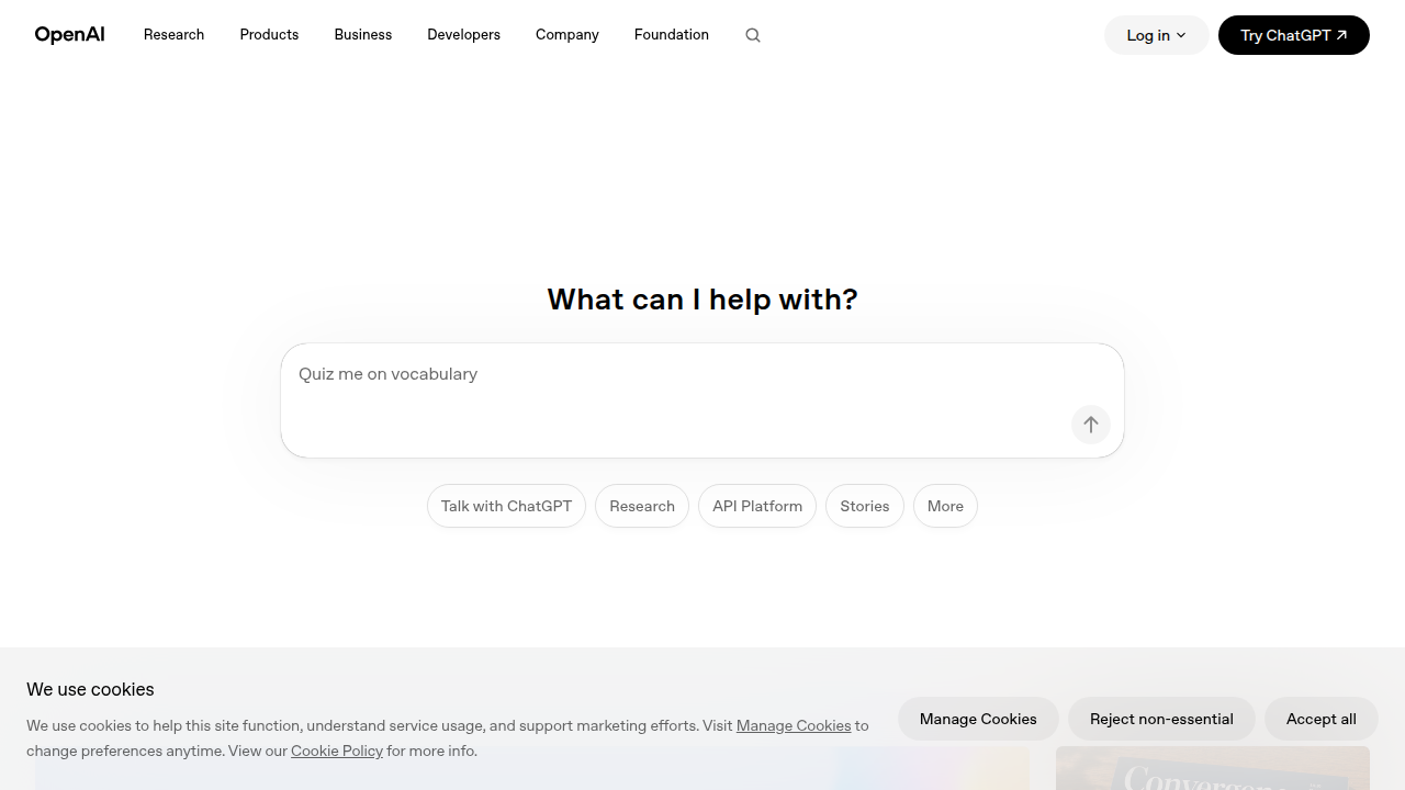 The official OpenAI website, highlighting the company behind the discontinued AI Text Classifier.