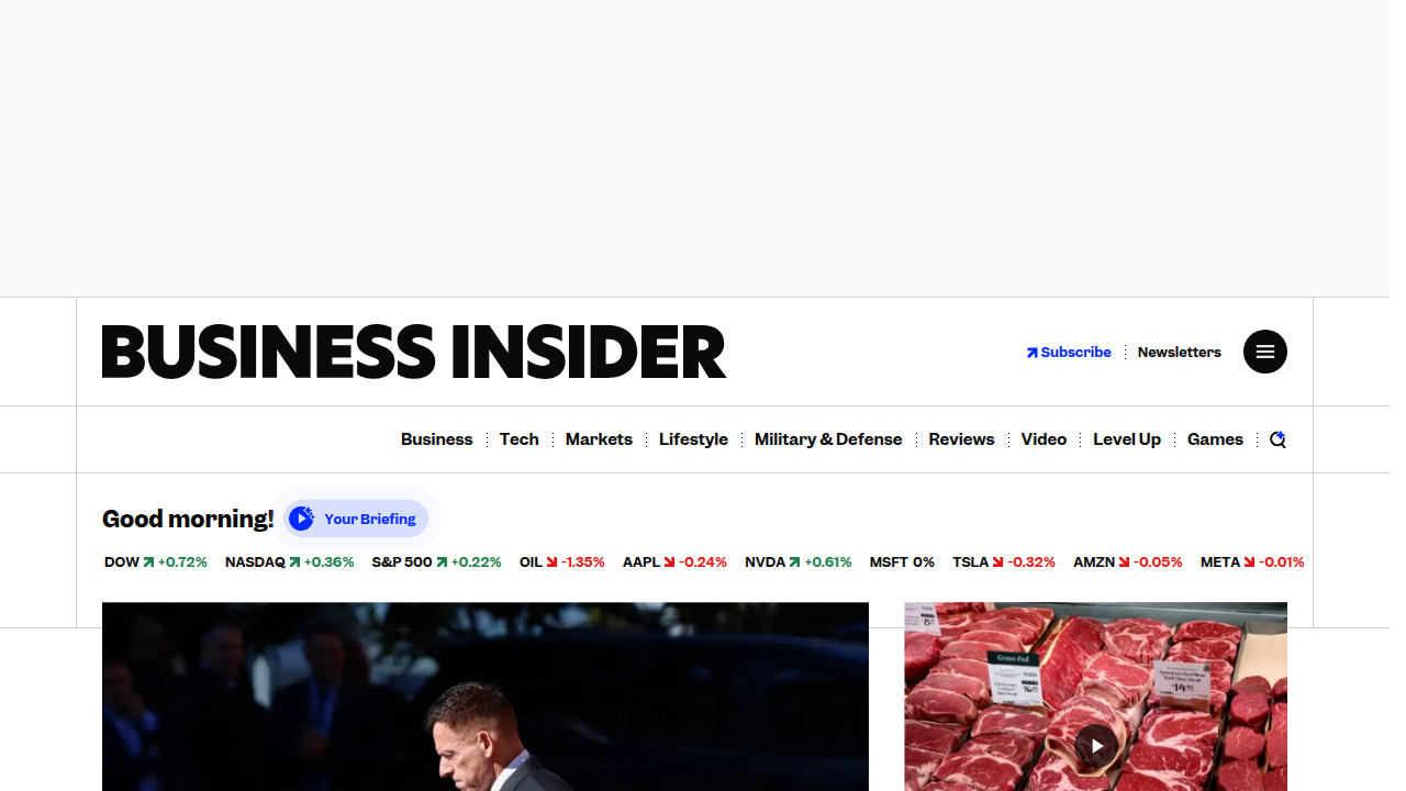 The Business Insider homepage, a source reporting on the shutdown of OpenAI's AI Text Classifier.