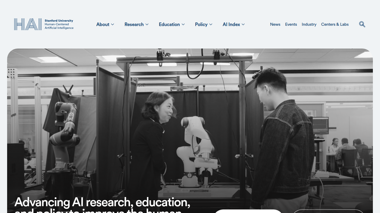 The Stanford HAI website, home to research on artificial intelligence and its societal impact.