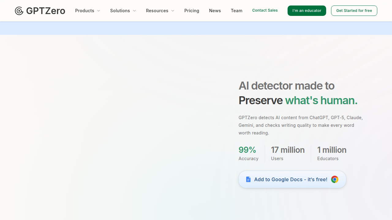 The homepage of GPTZero, a popular AI content detection tool, often used in educational settings.