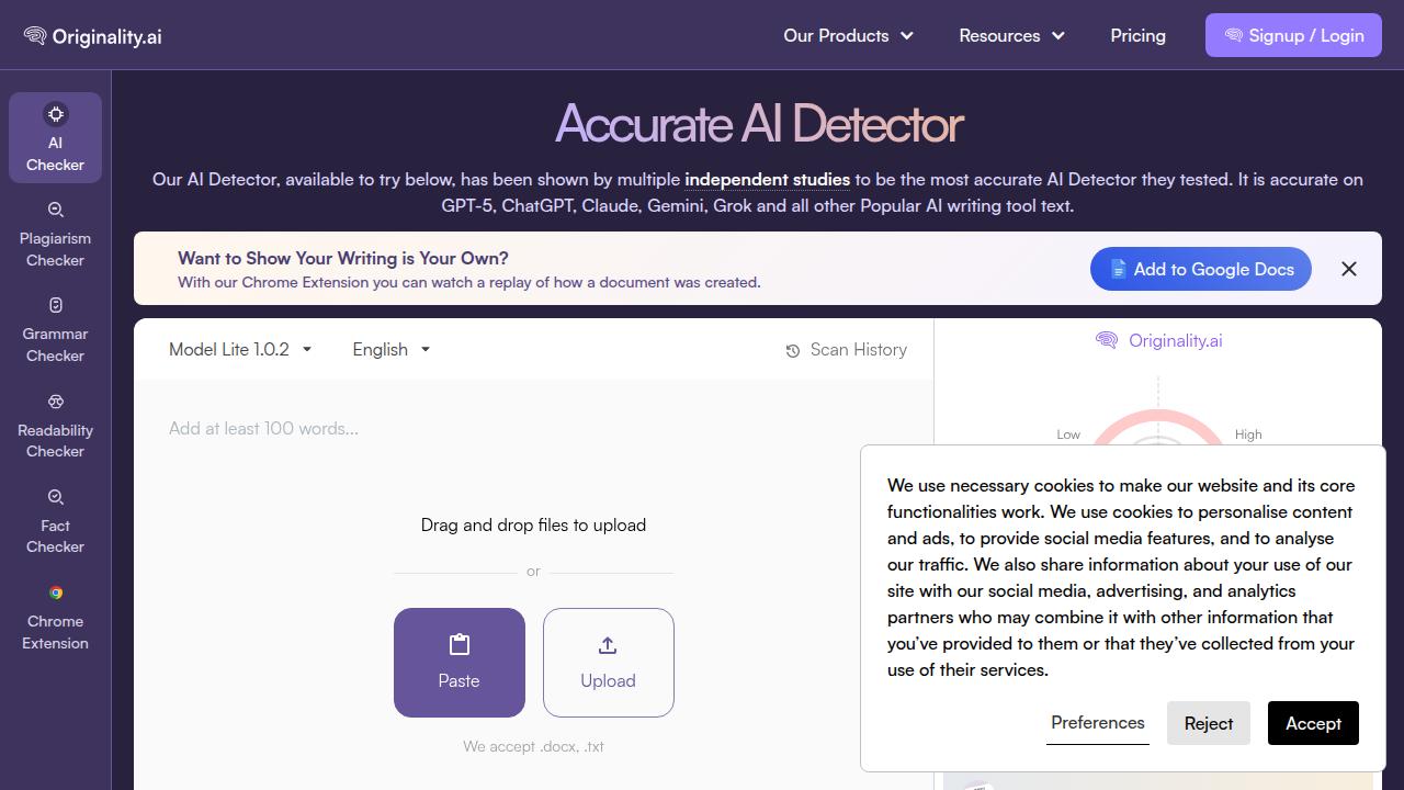 The homepage of Originality.ai, a leading AI content and plagiarism detection tool for professionals.