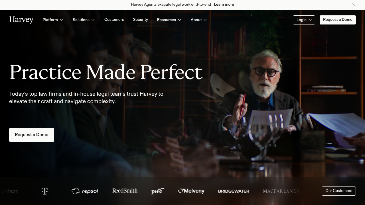 The official website for Harvey AI, showcasing its legal AI solutions and capabilities.