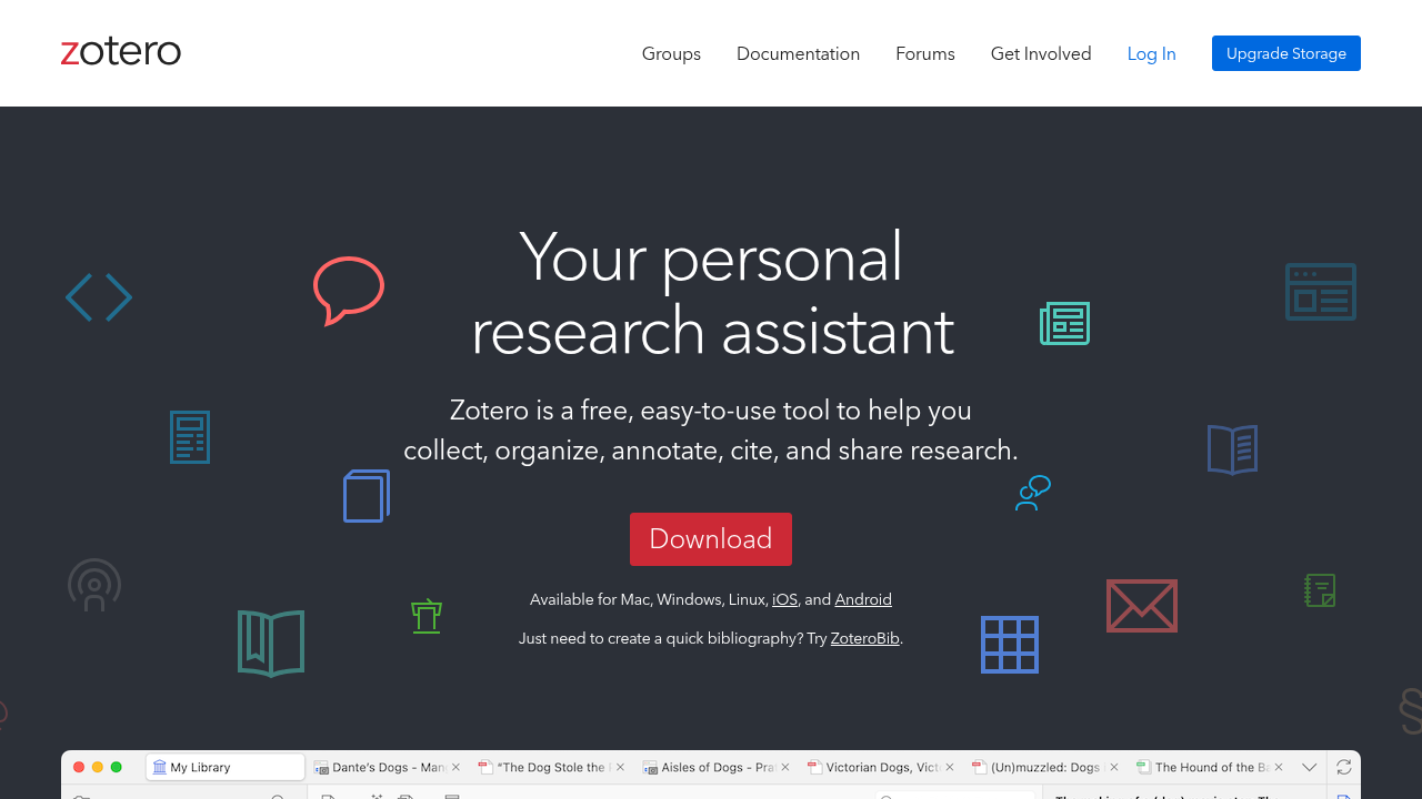 Zotero's official website, highlighting its features as a free and open-source reference manager.