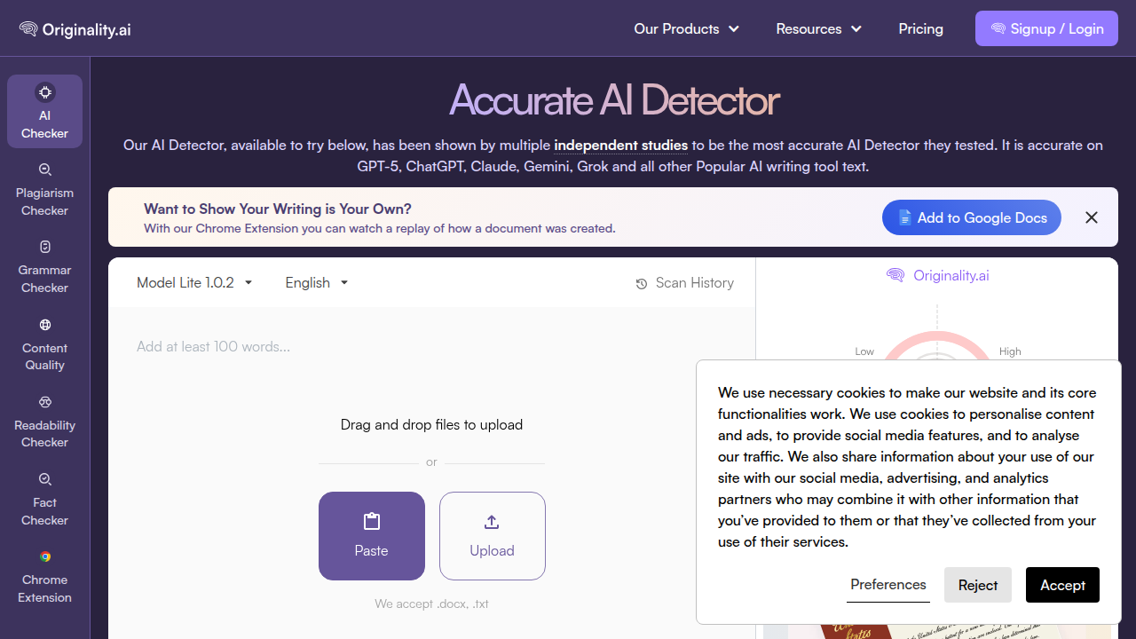 Originality.ai's website highlights its focus on AI content and plagiarism detection for various languages.
