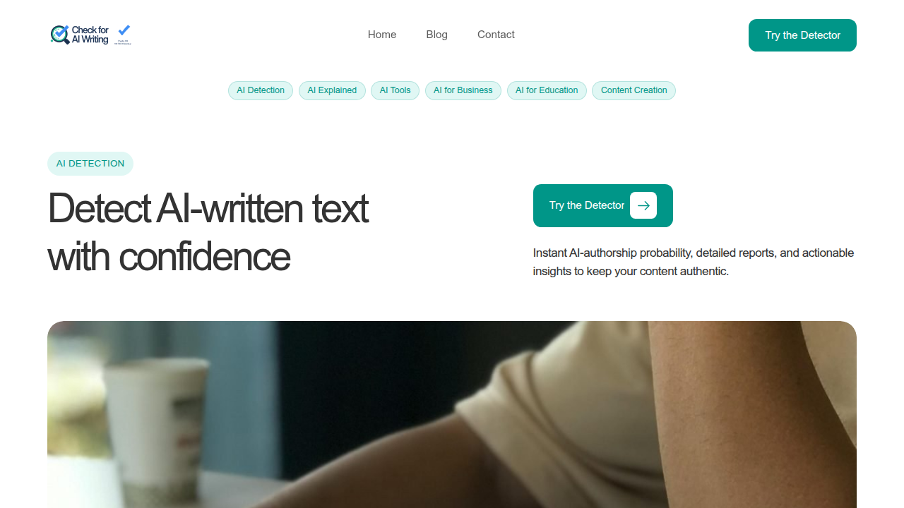 CheckForAIWriting.com provides AI and plagiarism detection, emphasizing precision and public F1 scores.