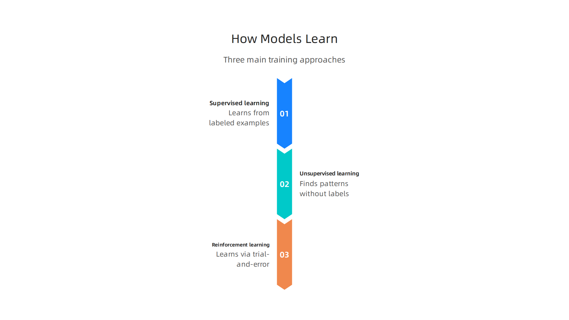 An infographic illustrating the three primary methods through which AI models learn from data.