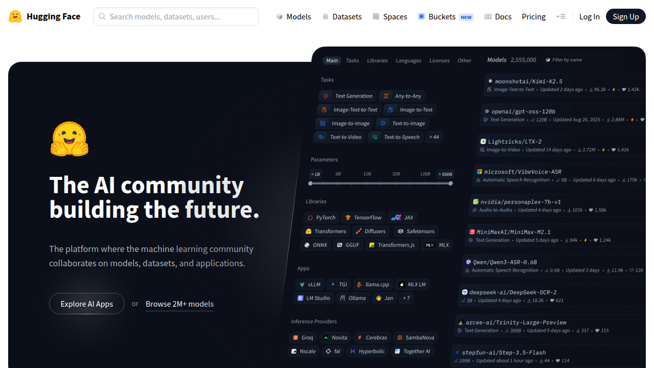 A screenshot of the Hugging Face website, highlighting its platform for AI models and interactive tools.
