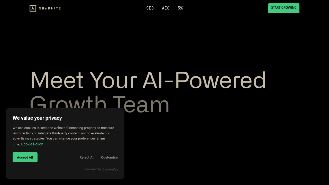 A screenshot of the Graphite.io homepage, a platform relevant to data analysis and AI article growth studies.