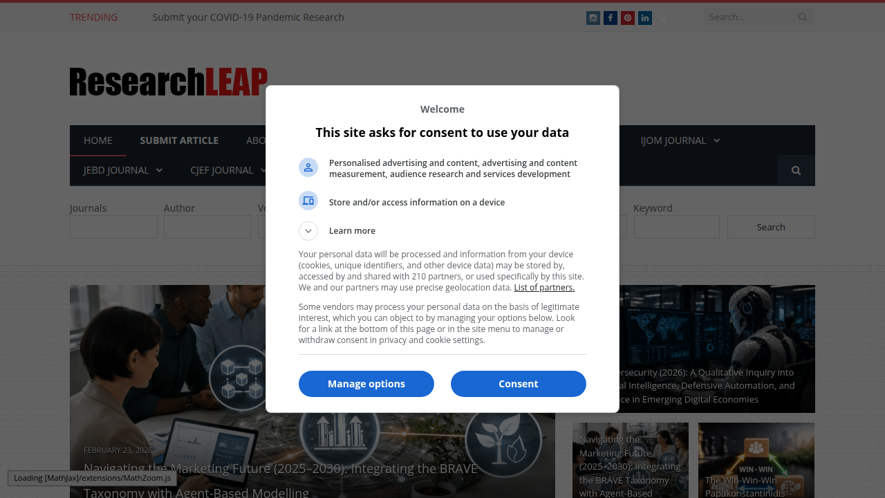 A screenshot of the Research Leap homepage, a resource for academic studies and publications.