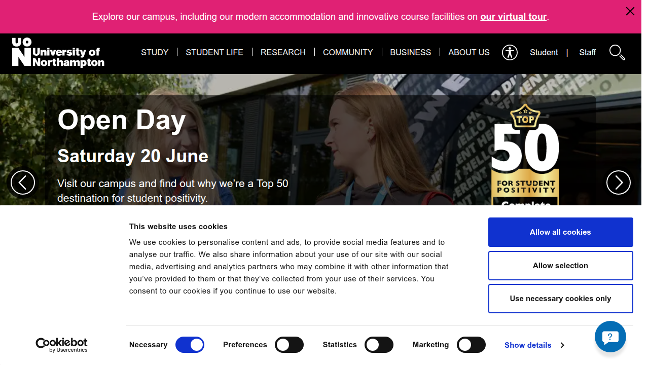 A screenshot of the University of Northampton's official homepage, an institution involved in AI detection research.