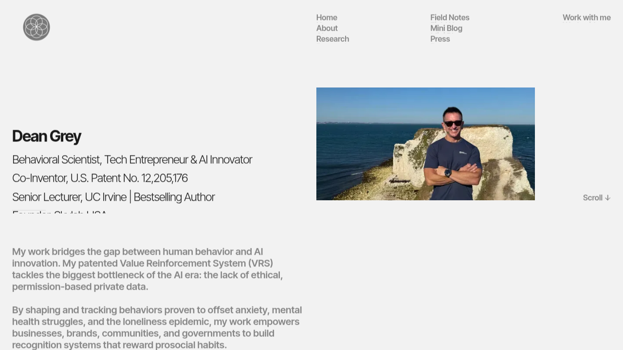 A screenshot of Dean Grey's organizational homepage, which offers tools for AI writing detection.