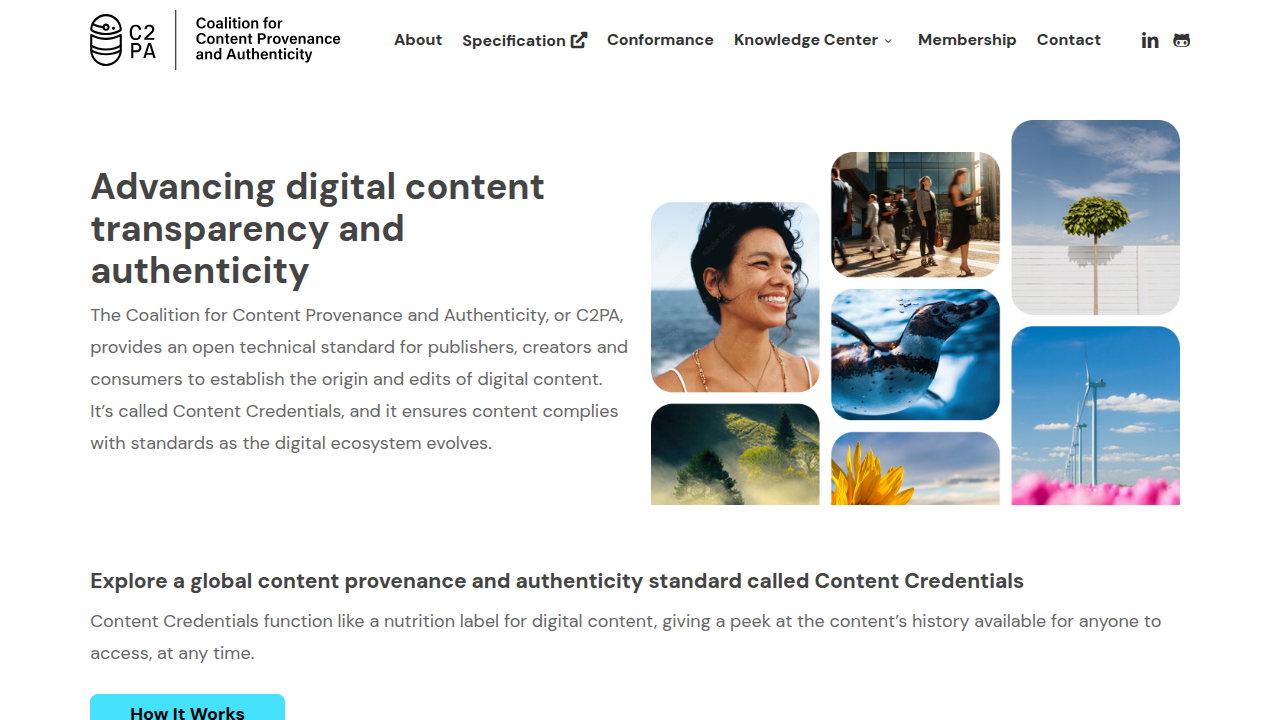 The homepage of the Coalition for Content Provenance and Authenticity (C2PA), a cross-industry initiative.