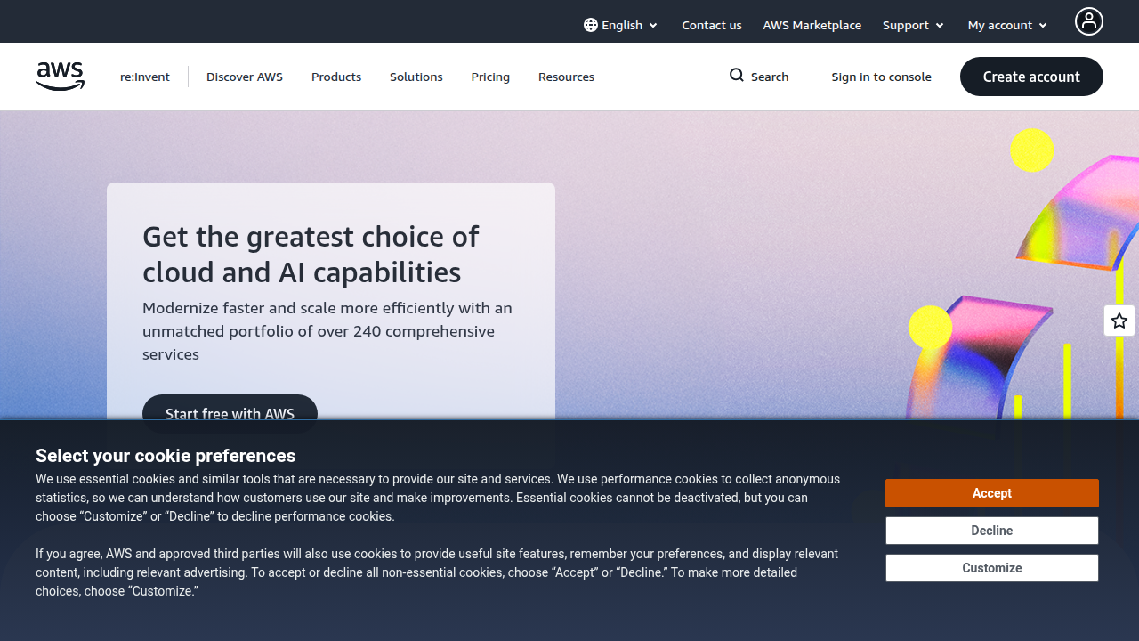 Screenshot of the Amazon Web Services homepage, reflecting the brand's leadership in cloud computing and AI.