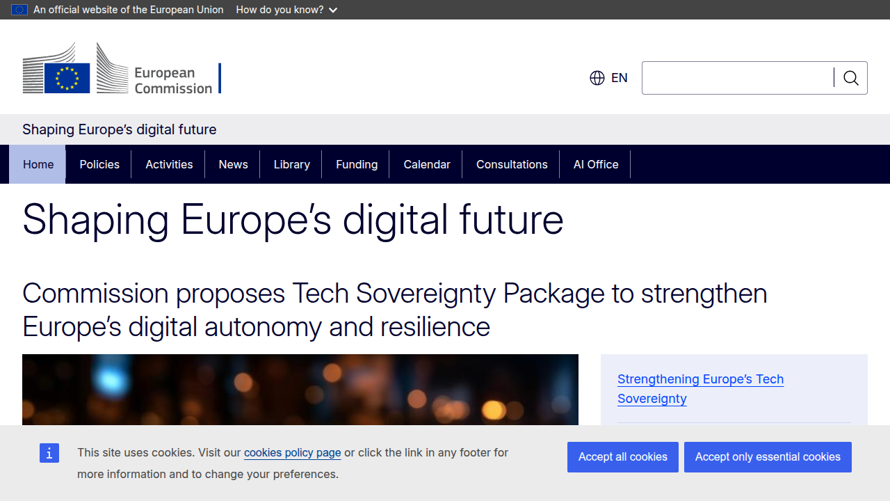 Screenshot of the European Commission's Digital Strategy page on the EU AI Act, outlining regulatory frameworks for AI.