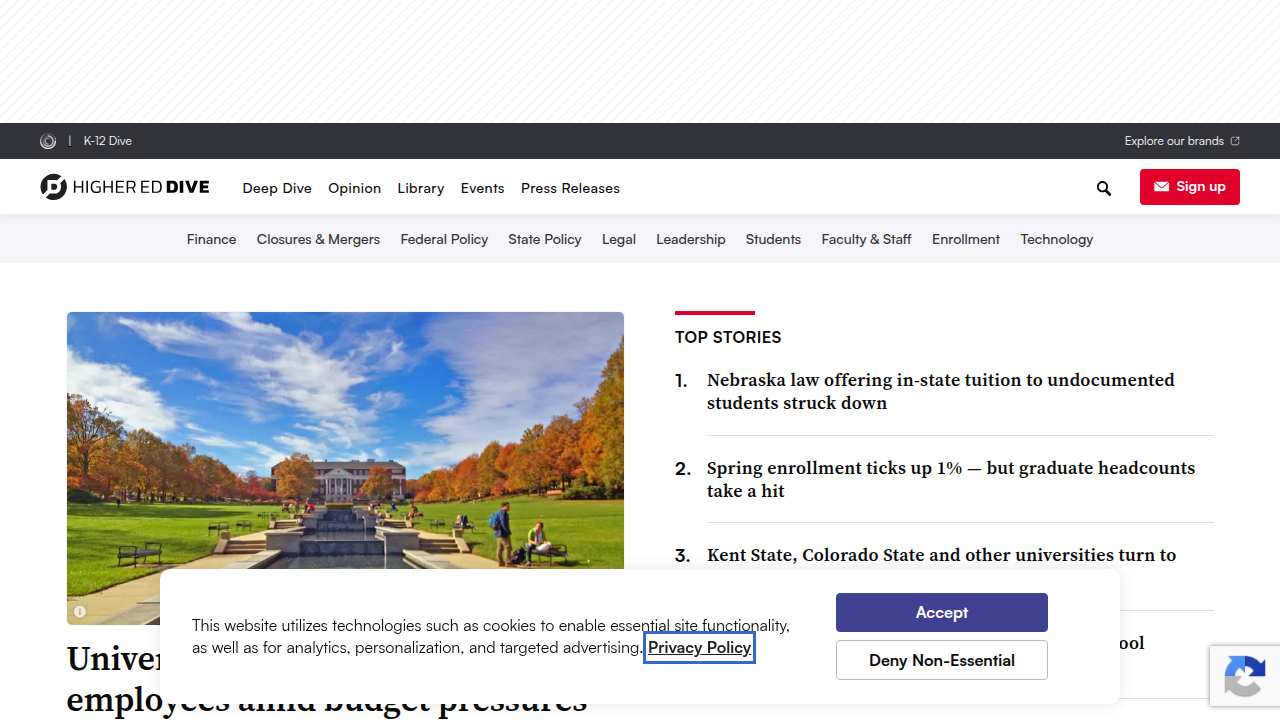 The homepage of Higher Ed Dive, a publication covering news and trends in higher education.