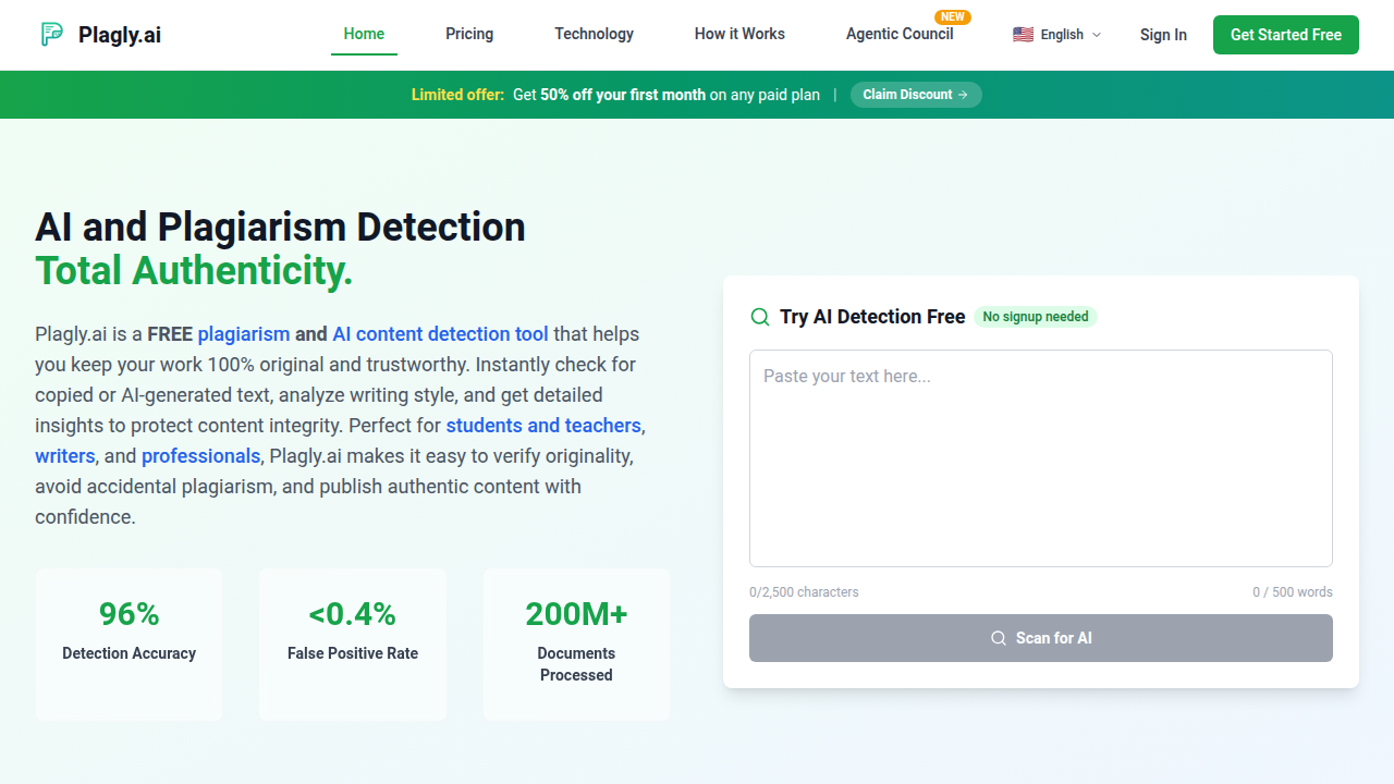 The Plagly.ai website, featuring tools for plagiarism and AI content detection.