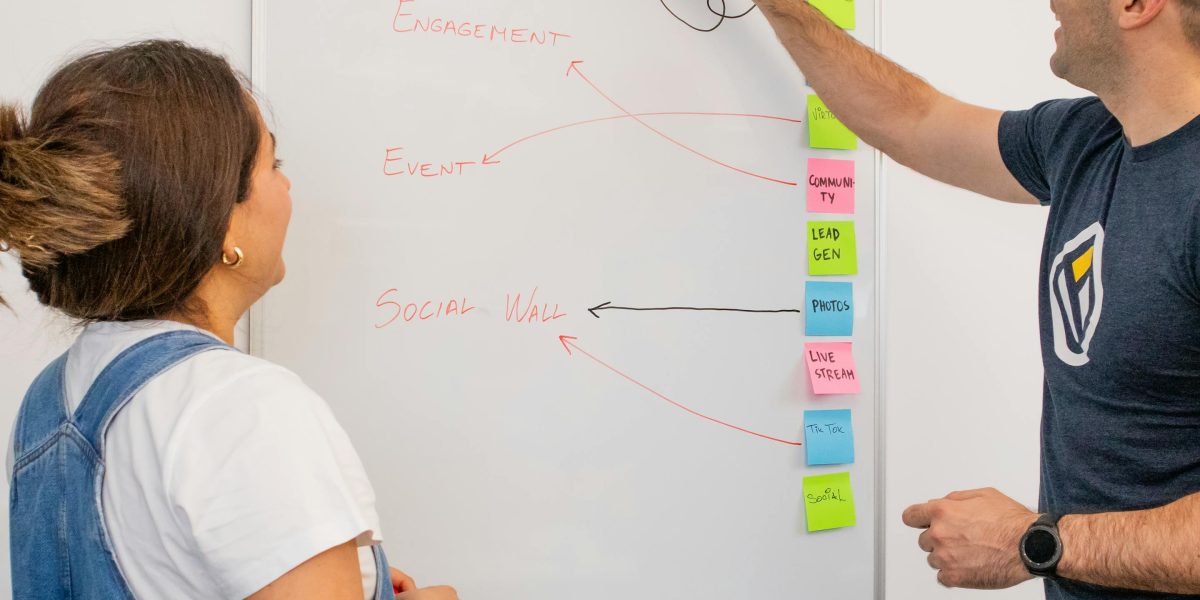 A team collaborating around a whiteboard, representing the human review and strategic planning in content verification.