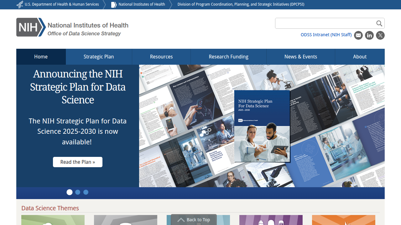 The NIH Data Science website, showcasing efforts by government groups on ethical AI rules.
