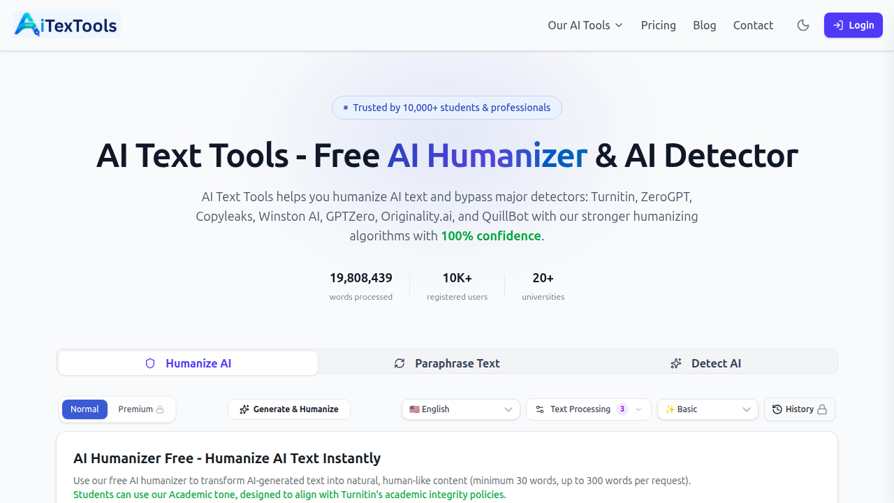 A screenshot of the AITextools homepage, a resource for AI detection policies.