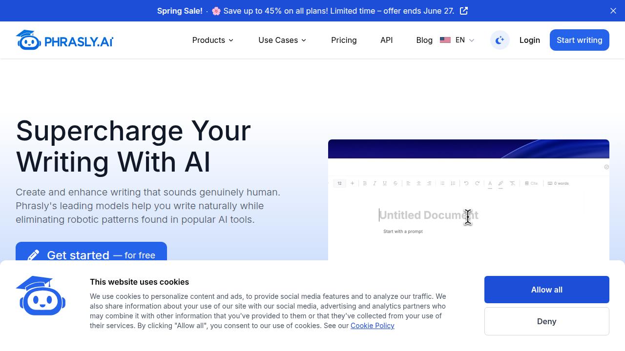 A screenshot of the Phrasly.ai homepage, a resource for AI writing and authenticity.