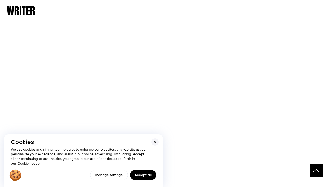 Homepage of Writer.com, a platform offering AI writing and content generation solutions for businesses.