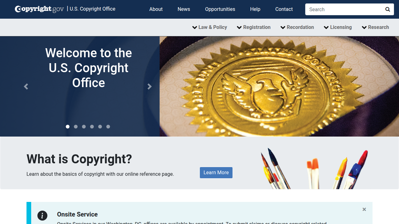 Screenshot of the United States Copyright Office homepage, providing information on copyright law.