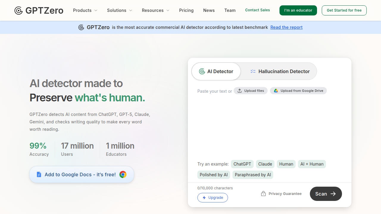 Screenshot of the GPTZero official website, highlighting its features for AI content detection.