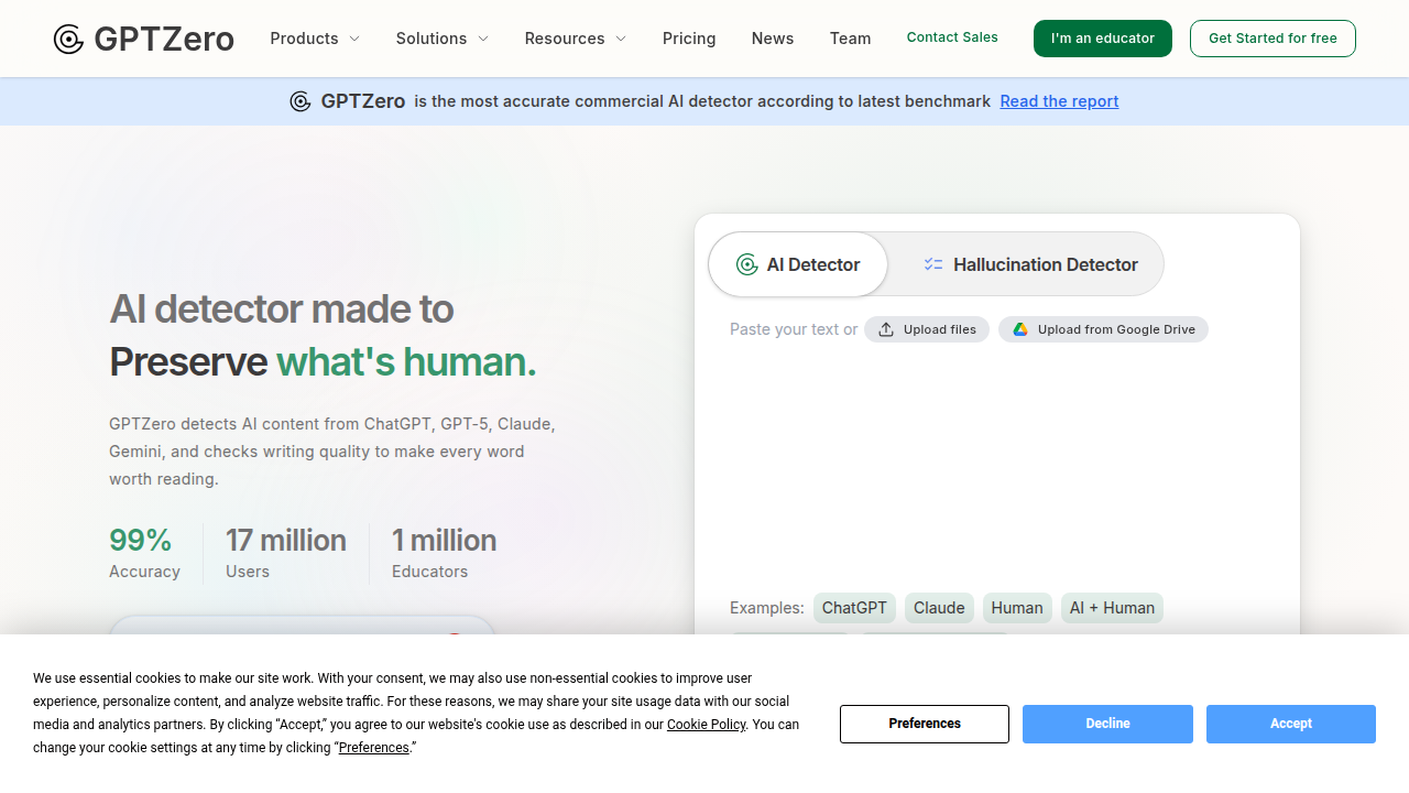 A screenshot of the GPTZero homepage, highlighting one of the leading automated AI content detection tools.