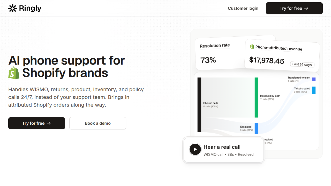 A screenshot of Ringly.io, a website featuring a blog post on AI chatbot adoption statistics for businesses in 2026.