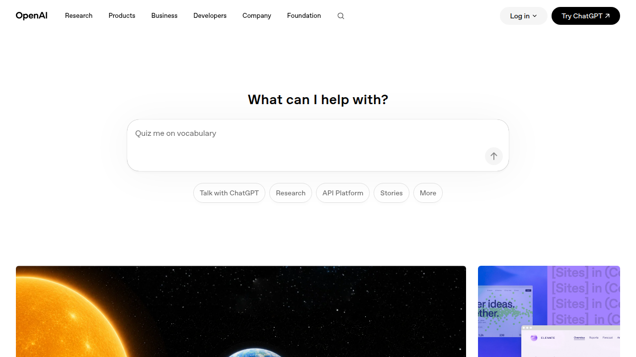 The OpenAI website, home to ChatGPT, a leading personal AI assistant.