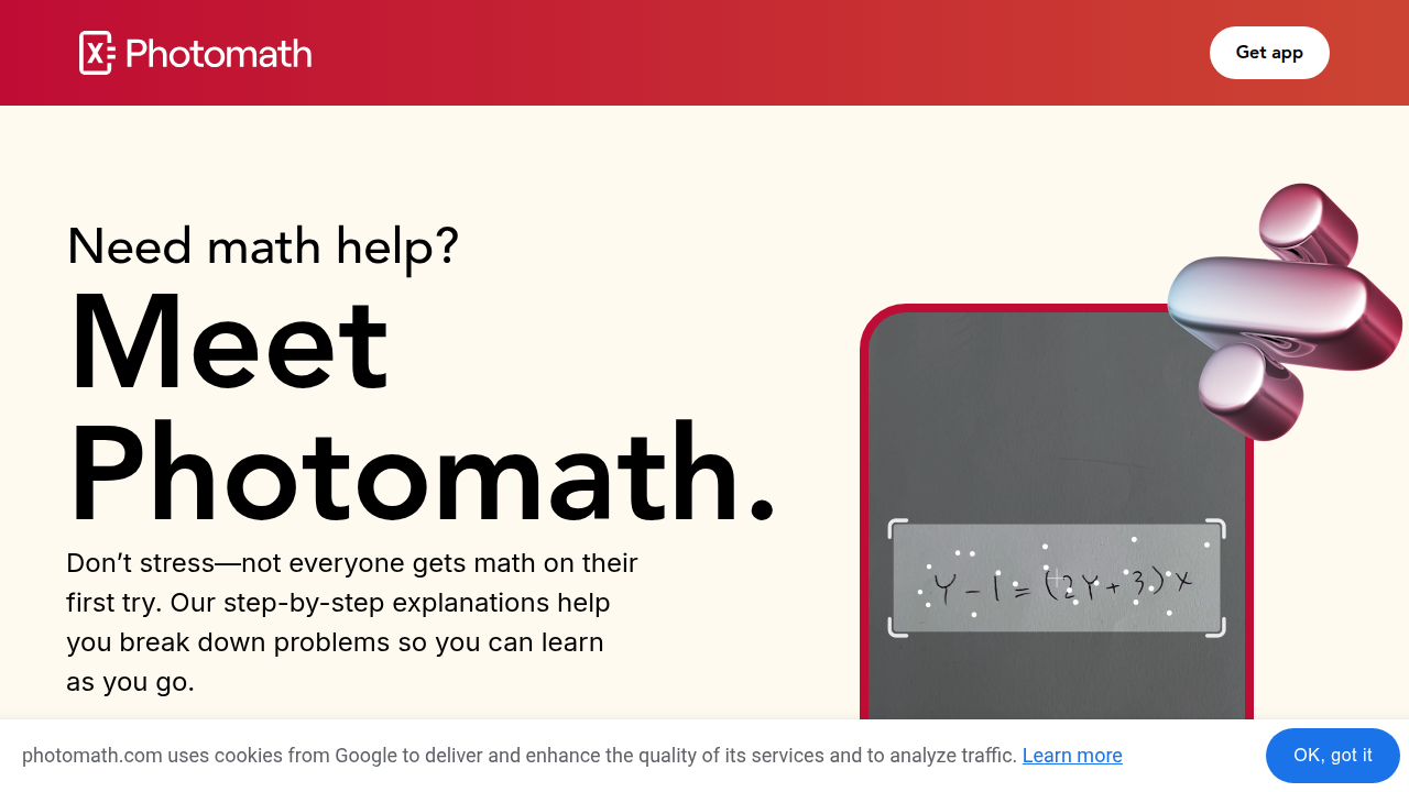 Photomath provides step-by-step solutions for math problems.