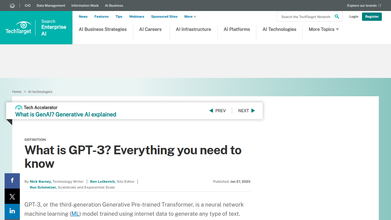 A screenshot from TechTarget defining GPT-3, highlighting its ability to understand and generate diverse responses.