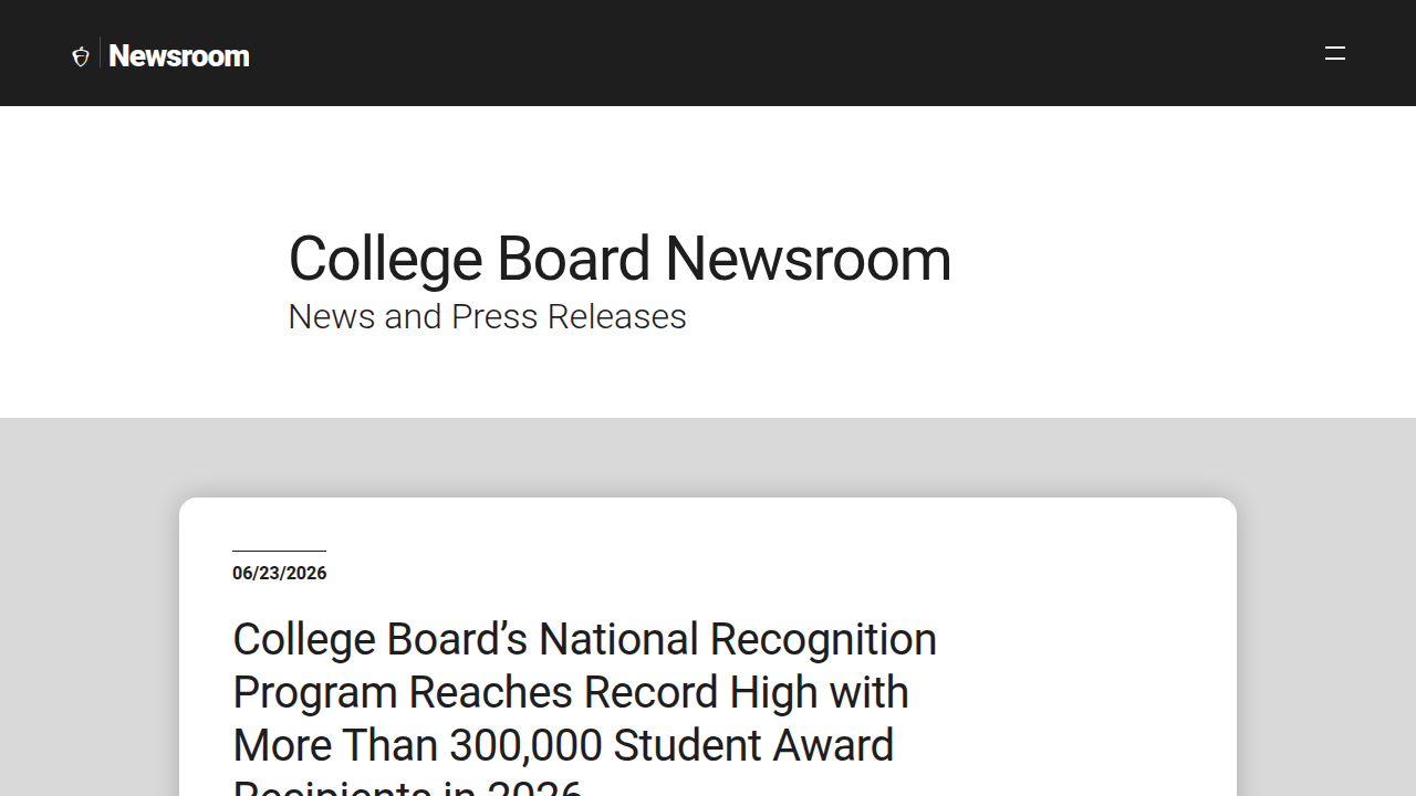 Screenshot of the College Board Newsroom homepage, representing a source for faculty perspectives on AI use in education.