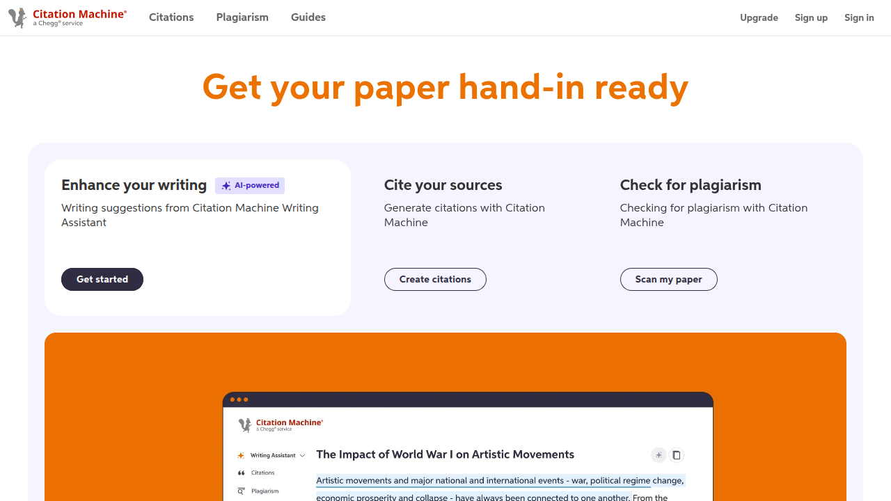 A screenshot of Citation Machine's homepage, showcasing its extensive support for various source types in APA format.