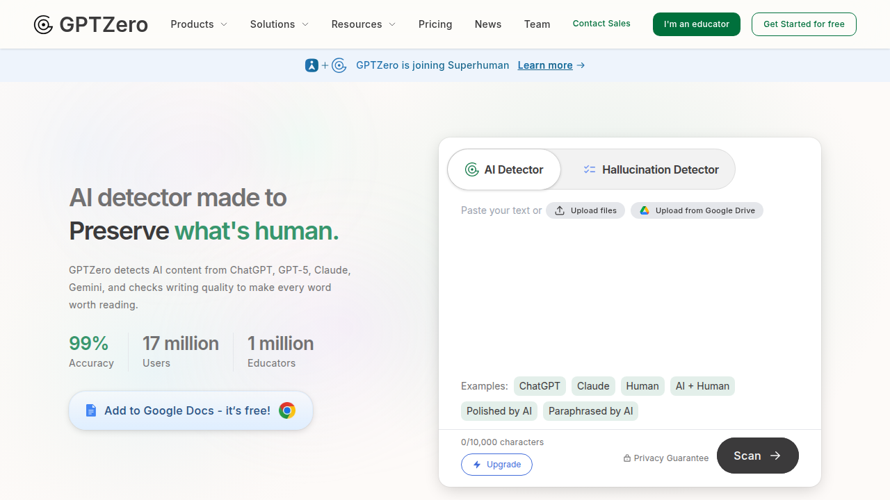 The clean and user-friendly interface of GPTZero, ready for text input for AI detection.